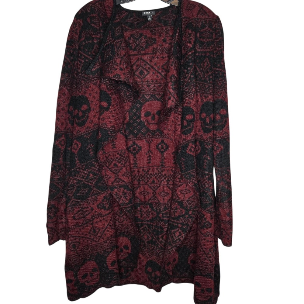 Torrid Red Black Skull Fair Isle Cardigan Open Front Grunge Knit Sweater Size 0